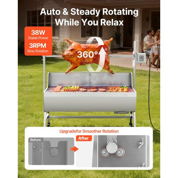 Rotisserie Grill, 38W BBQ Outdoor Pig & Lamb Spit Roaster, Charcoal Spit Roaster with 132 LBS Capacity, Wheels & 4-Level Height, Stainless Steel Electric Rotisserie Grill Kit for Camping Outdoor