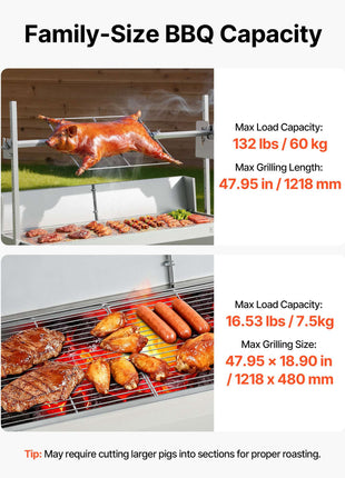 Rotisserie Grill, 38W BBQ Outdoor Pig & Lamb Spit Roaster, Charcoal Spit Roaster with 132 LBS Capacity, Wheels & 4-Level Height, Stainless Steel Electric Rotisserie Grill Kit for Camping Outdoor