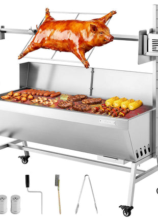 Rotisserie Grill, 38W BBQ Outdoor Pig & Lamb Spit Roaster, Charcoal Spit Roaster with 132 LBS Capacity, Wheels & 4-Level Height, Stainless Steel Electric Rotisserie Grill Kit for Camping Outdoor