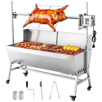Rotisserie Grill, 38W BBQ Outdoor Pig & Lamb Spit Roaster, Charcoal Spit Roaster with 132 LBS Capacity, Wheels & 4-Level Height, Stainless Steel Electric Rotisserie Grill Kit for Camping Outdoor