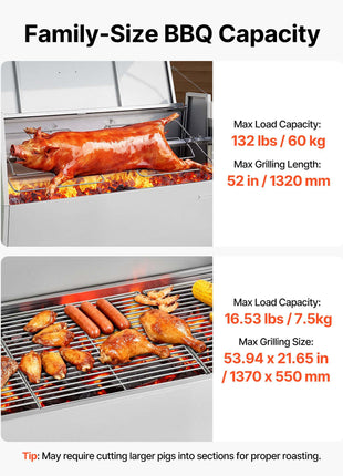 Rotisserie Grill, 38W BBQ Outdoor Pig & Lamb Spit Roaster, Charcoal Spit Roaster with 132 LBS Capacity, Wheels & 4-Level Height, Stainless Steel Electric Rotisserie Grill Kit for Camping Outdoor