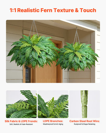 Artificial Ferns, 45 Inch Fake Boston Fern Bush Plant with 63 Fronds, Faux Greenery for Indoor/Outdoor Decor, Silk & LDPE, Suitable for Home Porch Garden Office Living Room Planter, Set of 2