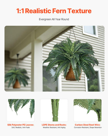 Artificial Ferns 2 Pcs, Natural Spread Diameter 43-47 Inch, Large Hanging Artificial Boston Ferns, Fake Plant Wall Decor with 50 Branches, Faux Fern for Home and Office (Flowerpot Unincluded)