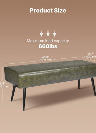 Leather Bedroom Bench, PU Leather Bench with Metal Legs and with Stitching for Entryway, Upholstered Shoe Bench Seat, Modern End of the Bed Benches for Living Room, Dining Room, Hallway, Green