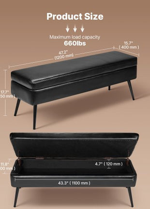 Leather Storage Ottoman Bench, PU Leather Bench with Storage and Metal Legs, Modern Shoe Benches Seat for Entryway, Upholstered End of Bed Benches for Living Room, Dining Room, Hallway, Black