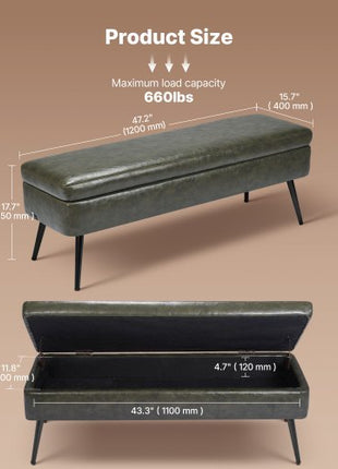 Leather Storage Ottoman Bench, PU Leather Bench with Storage and Metal Legs, Modern Shoe Benches Seat for Entryway, Upholstered End of Bed Benches for Living Room, Dining Room, Hallway, Green