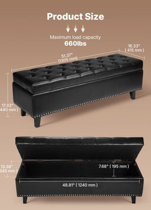 Button-Tufted Storage Ottoman Bench, PU Leather Bench with Storage and Solid Wood Legs, Modern Shoe Benches Seat for Entryway, Upholstered End of Bed Benches for Living Room, Dining Room, Black