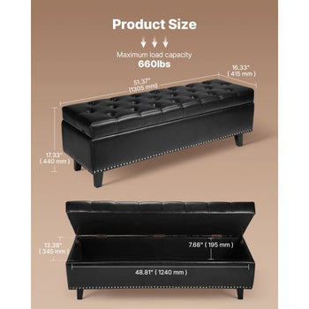 Button-Tufted Storage Ottoman Bench, PU Leather Bench with Storage and Solid Wood Legs, Modern Shoe Benches Seat for Entryway, Upholstered End of Bed Benches for Living Room, Dining Room, Black