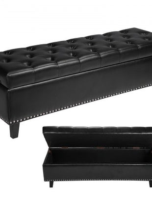 Button-Tufted Storage Ottoman Bench, PU Leather Bench with Storage and Solid Wood Legs, Modern Shoe Benches Seat for Entryway, Upholstered End of Bed Benches for Living Room, Dining Room, Black