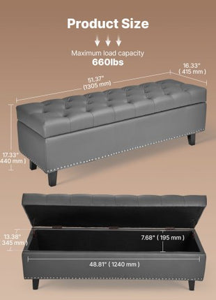 Button-Tufted Storage Ottoman Bench, PU Leather Bench with Storage and Solid Wood Legs, Modern Shoe Benches Seat for Entryway, Upholstered End of Bed Benches for Living Room, Dining Room, Gray