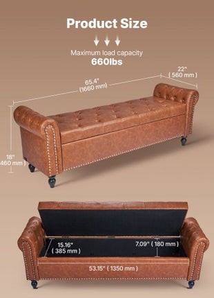 Button-Tufted Storage Ottoman Bench, Rolled Arm PU Leather Bench with Solid Wood Legs, Modern Shoe Benches Seat for Entryway, Upholstered End of Bed Benches for Living Room, Dining Room, Brown