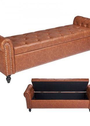 Button-Tufted Storage Ottoman Bench, Rolled Arm PU Leather Bench with Solid Wood Legs, Modern Shoe Benches Seat for Entryway, Upholstered End of Bed Benches for Living Room, Dining Room, Brown