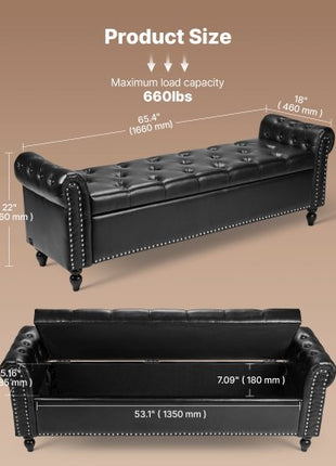 Button-Tufted Storage Ottoman Bench, Rolled Arm PU Leather Bench with Solid Wood Legs, Modern Shoe Benches Seat for Entryway, Upholstered End of Bed Benches for Living Room, Dining Room, Black