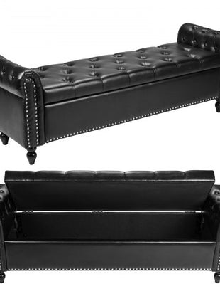 Button-Tufted Storage Ottoman Bench, Rolled Arm PU Leather Bench with Solid Wood Legs, Modern Shoe Benches Seat for Entryway, Upholstered End of Bed Benches for Living Room, Dining Room, Black