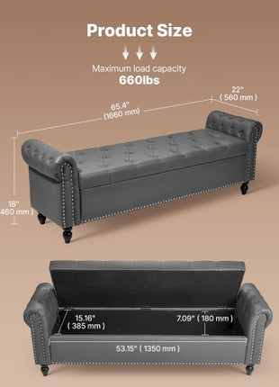 Button-Tufted Storage Ottoman Bench, Rolled Arm PU Leather Bench with Solid Wood Legs, Modern Shoe Benches Seat for Entryway, Upholstered End of Bed Benches for Living Room, Dining Room, Gray