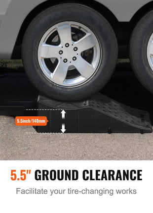 Black tire ramp with 5.5" clearance for efficient tire changes, designed for vehicles with low ground clearance.