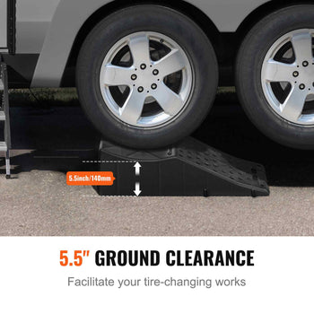 Black tire ramp with 5.5" clearance for efficient tire changes, designed for vehicles with low ground clearance.