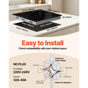 Built in Electric Stove Top, 23.2 x 20.5 inch 4 Burners, 240V Glass Radiant Cooktop with Sensor Touch Control, Timer & Child Lock Included, 9 Power Levels for Simmer Steam Slow Cook Fry