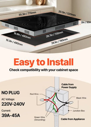 Built in Electric Stove Top, 30.3 x 20.5 inch 4 Burners, 240V Glass Radiant Cooktop with Sensor Touch Control, Timer & Child Lock Included, 9 Power Levels for Simmer Steam Slow Cook Fry