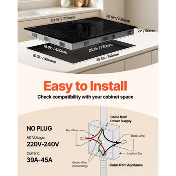 Built in Electric Stove Top, 30.3 x 20.5 inch 4 Burners, 240V Glass Radiant Cooktop with Sensor Touch Control, Timer & Child Lock Included, 9 Power Levels for Simmer Steam Slow Cook Fry