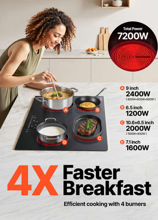 Black electric cooktop with four burners, modern design, 7200W total power, featuring durable glass surface and ergonomic controls.