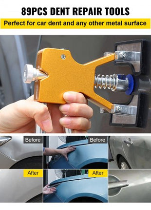 Paintless Dent Removal Rods, 89 PCS Paintless Dent Repair Tools, Golden Lifter Puller Car Dent Repair Kit, Glue Puller Tabs Dent Puller Kit for Auto Dent Removal, Minor Dents, Door Dings