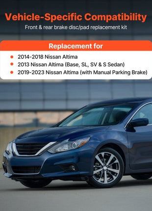 Front and Rear Brake Kit Compatible with 2013 Nissan Altima (Base, SL, SV & S Sedan), 2014-2018 Nissan Altima, 2019-2023 Nissan Altima (with Manual Parking Brake), Hollow Structure Front Rotors