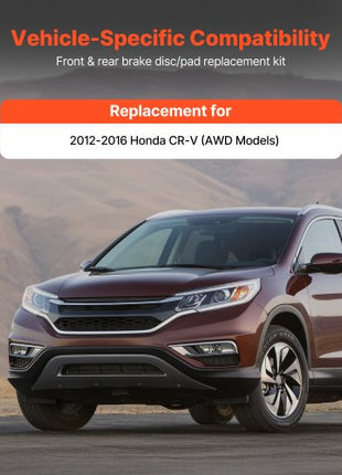 Front & Rear Brake Kit Compatible with 2012-2016 Honda CR-V (AWD Models), Ceramic Brake Replacement Kits, 12 inch Hollow Structure Front Rotors, 12 inch Solid Structure Rear Rotors, R-31455