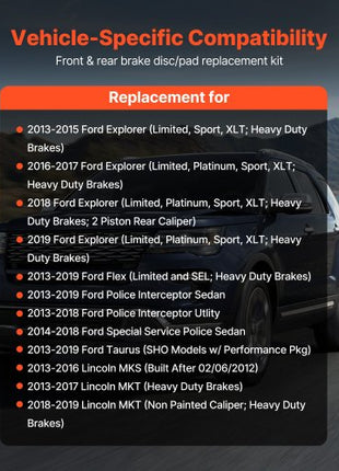 Front and Rear Brake Kit Fits for 2013-2015 Ford Explorer (Limited, Sport, XLT; Heavy Duty Brakes), 2018 Ford Explorer (Limited, Platinum, Sport, XLT; Heavy Duty Brakes; 2 Piston Rear Caliper)