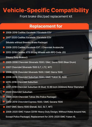 Front Brake Kit Compatible with 2008-2016 Cadillac Escalade/Escalade ESV, 2017-2020 Cadillac Escalade/Escalade ESV (Models without Brembo Brake Package), Drilled & Slotted Brake Rotors Kit
