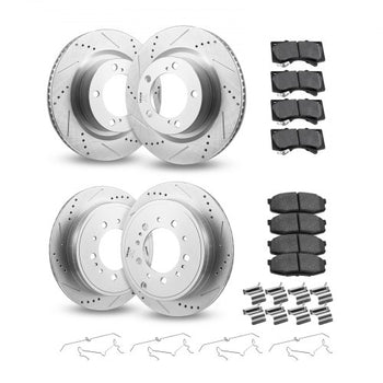 Front & Rear Ceramic Brake Kit Compatible with 2016-2021 Lexus LX570, 2016-2021 Toyota Land Cruiser, Drilled and Slotted Brake Rotors Ceramic Brake Pads Replacement Kit, 14 inch Front Rotors