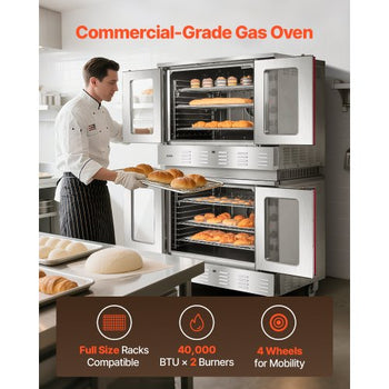 Double Deck Gas Convection Oven, 14 cu.ft Full-Size Commercial Convection Oven, 40,000 BTU x 2 Powerful Burners, Natural Gas Commercial Ovens with Two Fan Modes, for Bakery, Restaurant & Kitchen