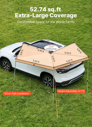 270 Degree Awning, 52 sq.ft Driver Side Vehicle Awning, Waterproof UV50+ Car Side Awnings with Carry Bag, All-Weather Free-Standing Overland Awnings Car Shelter for SUV Van Truck Camping