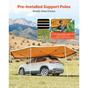 270 Degree Awning with Bulit-in LED Lights, 117 sq.ft Driver Side Vehicle Awning, Waterproof UV50+ Car Side Awnings, All-Weather Free-Standing Overland Awnings Car Shelter for SUV Truck Camping