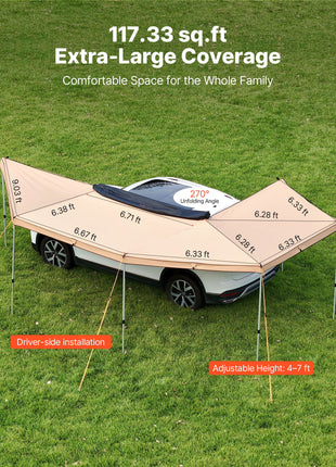 270 Degree Awning with Bulit-in LED Lights, 117 sq.ft Driver Side Vehicle Awning, Waterproof UV50+ Car Side Awnings, All-Weather Free-Standing Overland Awnings Car Shelter for SUV Truck Camping