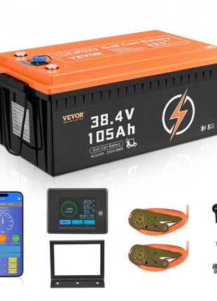 36V 105Ah Golf Cart Lithium Battery, 36 Volt Golf Cart Battery with 200A BMS, LCD Monitor and Mobile APP, LiFePO4 Battery with 600A Peak Current, ABS Shell and 4000+ Cycles, for Golf Carts
