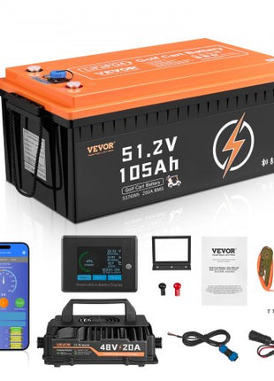 48V 105Ah Golf Cart Lithium Battery, 48 Volt Golf Cart Battery with 200A BMS, LCD Monitor and Mobile APP, LiFePO4 Battery with 600A Peak Current, 20A Charger and 4000+ Cycles, for Golf Carts