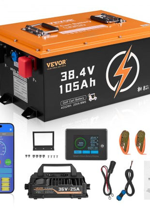 36V 105Ah Golf Cart Lithium Battery, 36 Volt Golf Cart Battery with 200A BMS, Touch Monitor and Mobile APP, LiFePO4 Battery with 600A Peak Current, 20A Charger and 4000+ Cycles, for Golf Carts