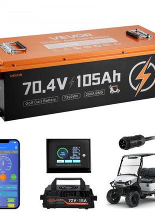 72V (70.4V) 105AH Lithium Golf Cart Battery, with 15A Charger, Lifepo4 Battery Kit, Built-in 200A BMS, with Bluetooth & Touch Monitor, 2C Discharge, 4000 Cycles, for Golf Carts, Trolling Motors