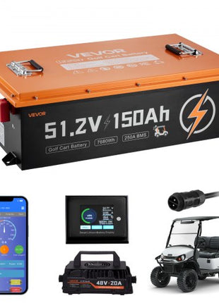 48V (51.2V) 150AH Lithium Golf Cart Battery, with 20A Charger, Lifepo4 Battery Kit, Built-in 250A BMS, with Bluetooth & Touch Monitor, 2C Discharge, 4000 Cycles, for Golf Carts, Trolling Motors
