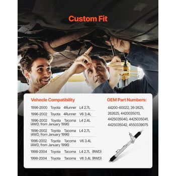 Hydraulic Power Steering Rack and Pinion, with Dust Boot, Compatible with 1996-2000 Toyota 4Runner L4 2.7L, 1996-2002 Toyota 4Runner V6 3.4L, 1998-2004 Toyota Tacoma L4 2.7L / V6 3.4L (RWD)
