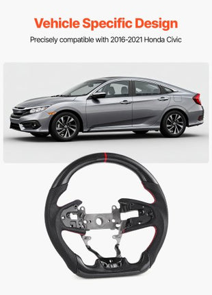 Steering Wheel for 2016-2021 Honda Civic, Carbon Fiber Steering Wheel D-Shaped Flat-Bottom, Leather Grip with Non-Slip Texture & Precise Stitching, Accessories Replacement for Honda Civic, Black