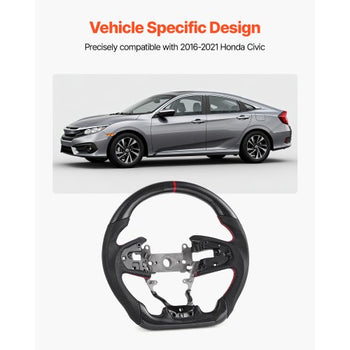 Steering Wheel for 2016-2021 Honda Civic, Carbon Fiber Steering Wheel D-Shaped Flat-Bottom, Leather Grip with Non-Slip Texture & Precise Stitching, Accessories Replacement for Honda Civic, Black