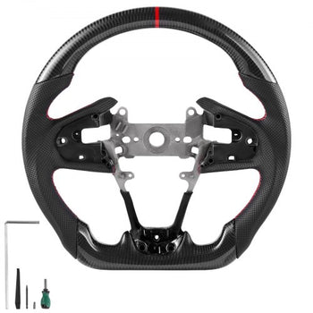 Steering Wheel for 2016-2021 Honda Civic, Carbon Fiber Steering Wheel D-Shaped Flat-Bottom, Leather Grip with Non-Slip Texture & Precise Stitching, Accessories Replacement for Honda Civic, Black