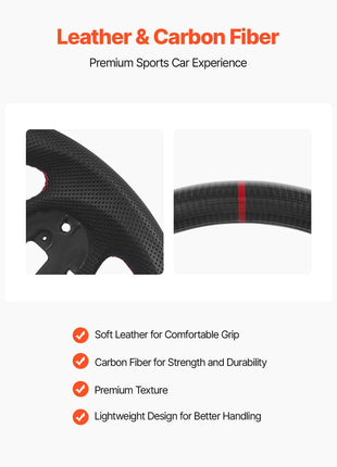 Steering Wheel for 2016-2021 Honda Civic, Carbon Fiber Steering Wheel D-Shaped Flat-Bottom, Leather Grip with Non-Slip Texture & Precise Stitching, Accessories Replacement for Honda Civic, Black