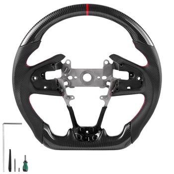 Steering Wheel for 2016-2021 Honda Civic, Carbon Fiber Steering Wheel D-Shaped Flat-Bottom, Leather Grip with Non-Slip Texture & Precise Stitching, Accessories Replacement for Honda Civic, Black