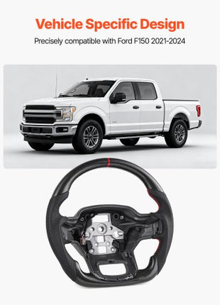 Steering Wheel for 2021-2024 Ford F150, Carbon Fiber Steering Wheel D-Shaped Flat-Bottom with Heating Function, Leather Grip with Non-Slip Texture, Accessories Replacement for Ford F150, Black