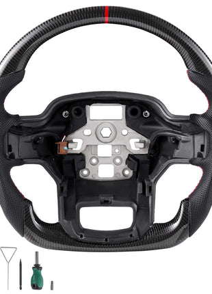 Steering Wheel for 2021-2024 Ford F150, Carbon Fiber Steering Wheel D-Shaped Flat-Bottom with Heating Function, Leather Grip with Non-Slip Texture, Accessories Replacement for Ford F150, Black