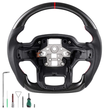 Steering Wheel for 2021-2024 Ford F150, Carbon Fiber Steering Wheel D-Shaped Flat-Bottom with Heating Function, Leather Grip with Non-Slip Texture, Accessories Replacement for Ford F150, Black