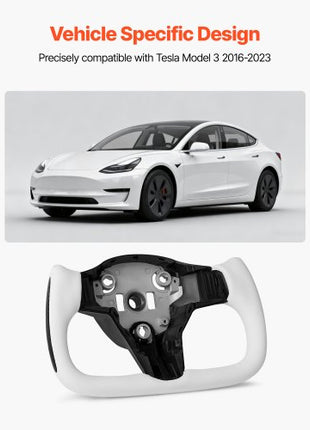 Steering Wheel for 2016-2023 Tesla Model 3, Carbon Fiber Steering Wheel D-Shaped Flat-Bottom with Heating Function, Leather Grip with Non-Slip Texture, Accessories Replacement for Model 3, White